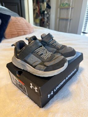 Skechers Kids Gray and Charcoal velcro slip on Athletic Sneakers